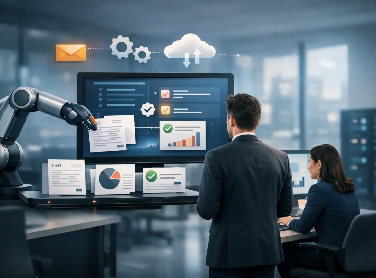 Fotografía realista de oficina moderna con personas trabajando, brazo robótico integrando documentos en pantalla y iconos flotantes de nube, engranajes y correo que representan la automatización de procesos administrativos.