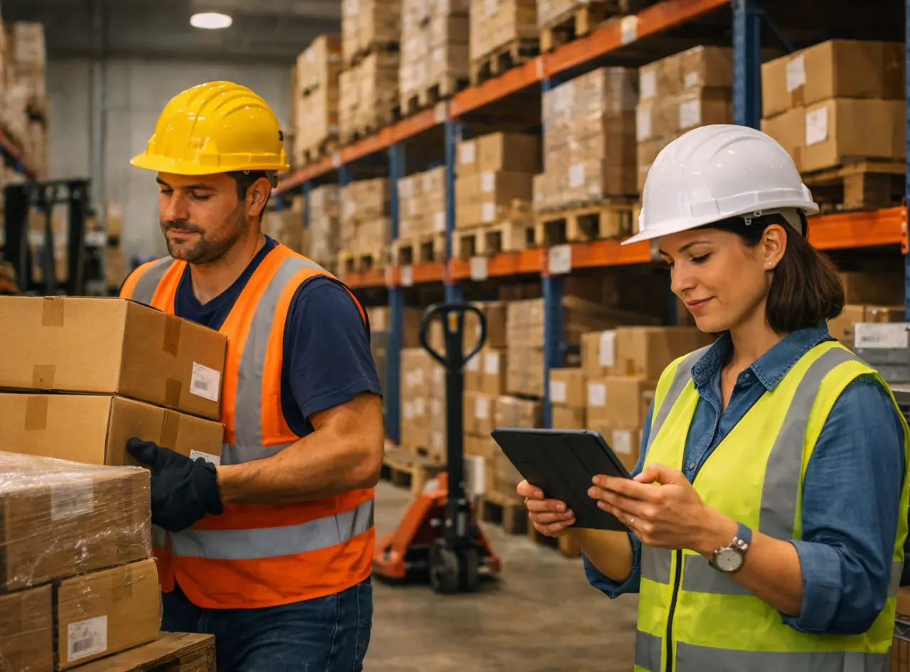 Operarios trabajando en almacén industrial con tablet y cajas, representando la automatización de inventario y la gestión digital del stock.