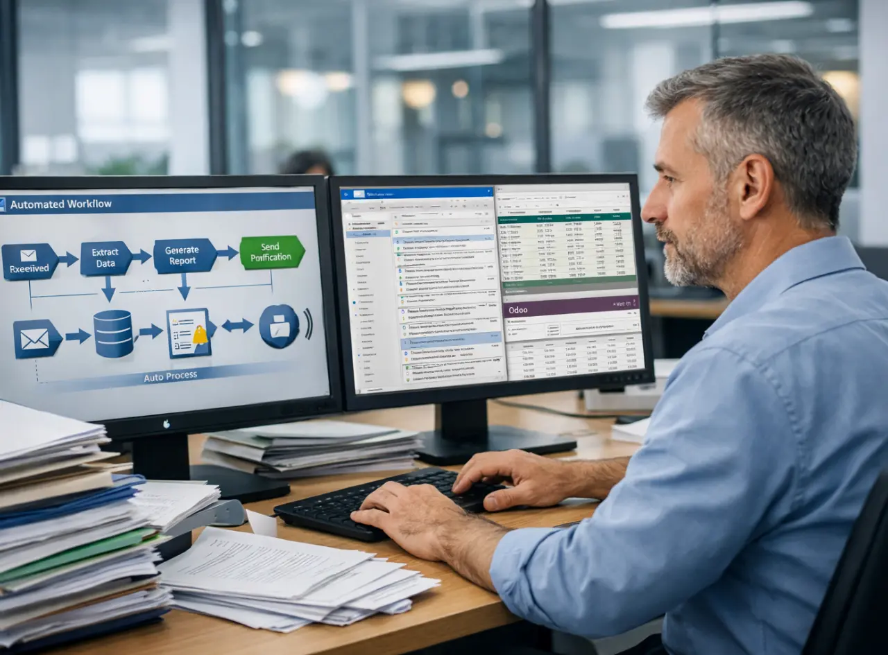 Empleado concentrado frente a dos pantallas en una oficina moderna; en una se muestra un flujo automático de procesos y en la otra varias ventanas de trabajo con Outlook, Excel y ERP Odoo, junto a carpetas y folios que simbolizan la carga administrativa que la automatización reduce.
