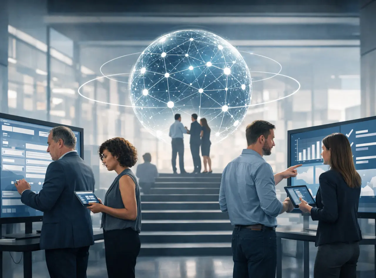 Profesionales colaborando en un entorno digital moderno, analizando datos en pantallas interactivas que simbolizan la cultura del dato en la empresa.