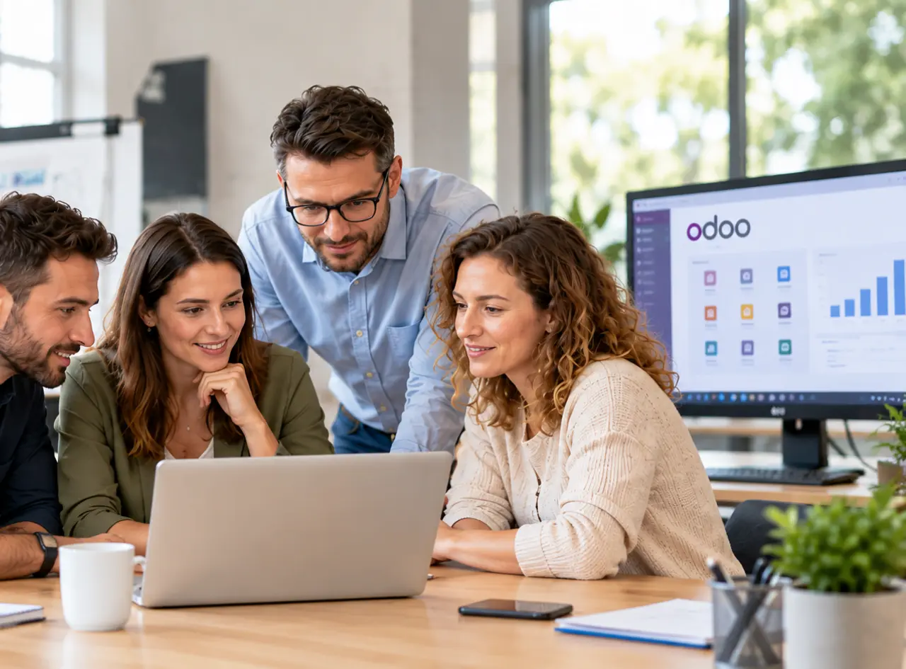 Equipo de profesionales en una oficina moderna colaborando para implantar un ERP Odoo en su empresa.