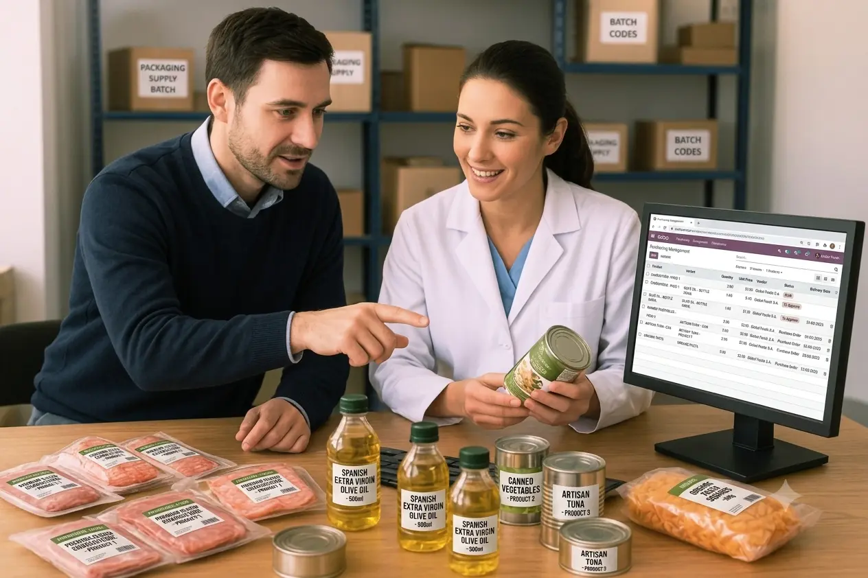 En esta imagen vemos cómo se aplica la tecnología de Odoo para el sector agroalimentario. Dos profesionales del control de calidad y la logística analizan los productos alimentarios envasados sobre su mesa. Utilizan un monitor que muestra la interfaz de Odoo, con un panel de control de "Gestión de Compras" y pedidos, lo que les permite gestionar todo el inventario, trazabilidad de lotes y procesos de fabricación de la empresa agroalimentaria de forma integrada y eficiente.