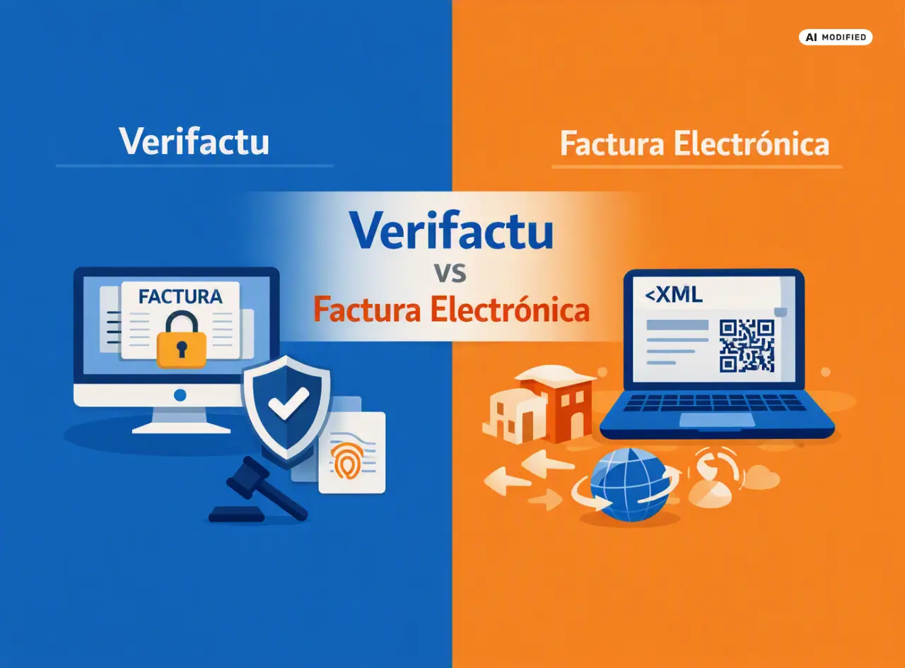 Ilustración que compara Verifactu y Factura Electrónica. A la izquierda un lado azul que representa la seguridad y trazabilidad ante Hacienda (Verifactu), con iconos de candado y escudo; a la derecha, un lado naranja simboliza la digitalización del intercambio comercial (Factura Electrónica), con iconos de XML, QR y conexión global.